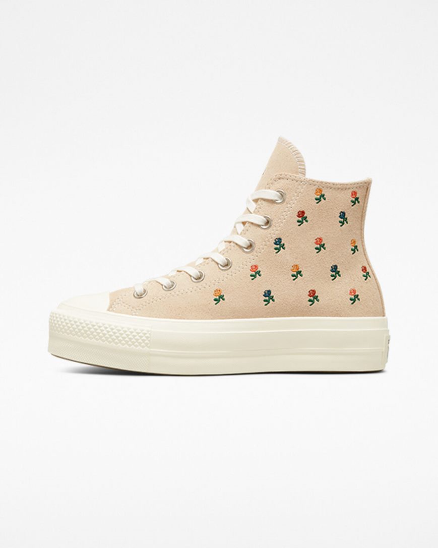 Women's Converse Chuck Taylor All Star Lift Embroidered Roses High Top Platform Shoes Beige | AU 950E6I